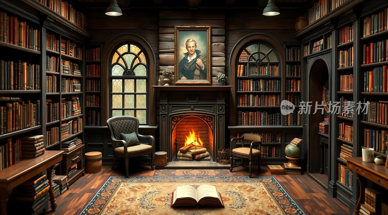 古色古香书房书架、壁炉与地毯营造温馨氛围