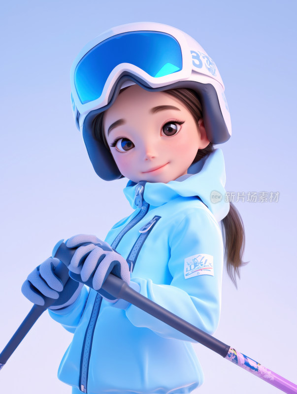 冬季雪地滑雪的男孩女孩3D卡通人物插画