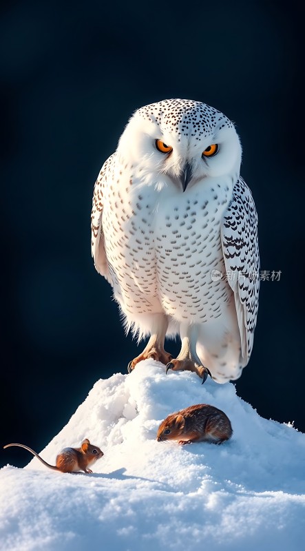 雪地上的猫头鹰与老鼠