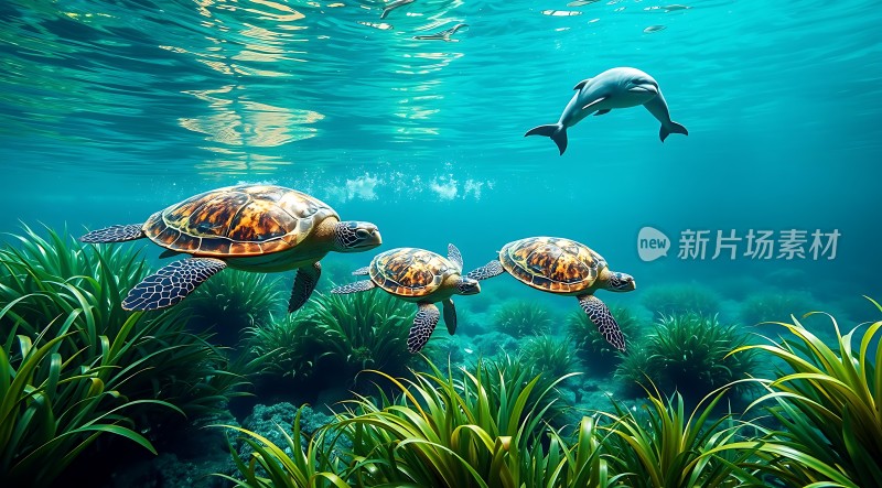 海豚与海龟共舞水下世界
