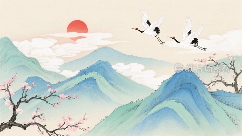 山水间双鹤伴日飞翔图景