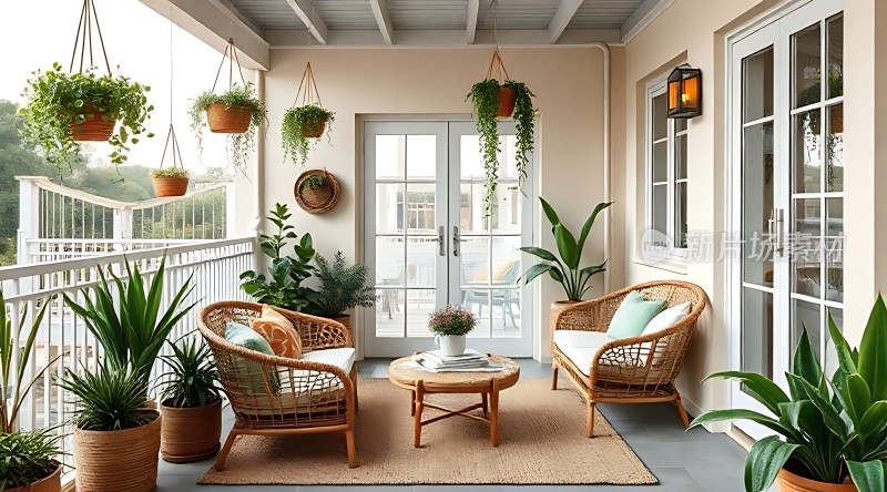 阳台绿意盎然藤制家具温馨舒适