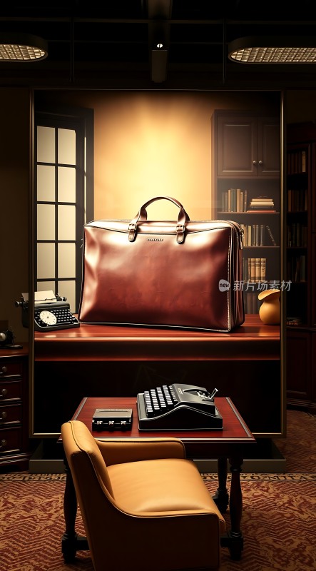 复古办公室棕色皮包与打字机