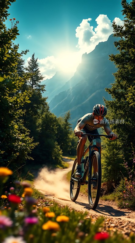 阳光下的骑行者穿越花海与森林挑战山间小径