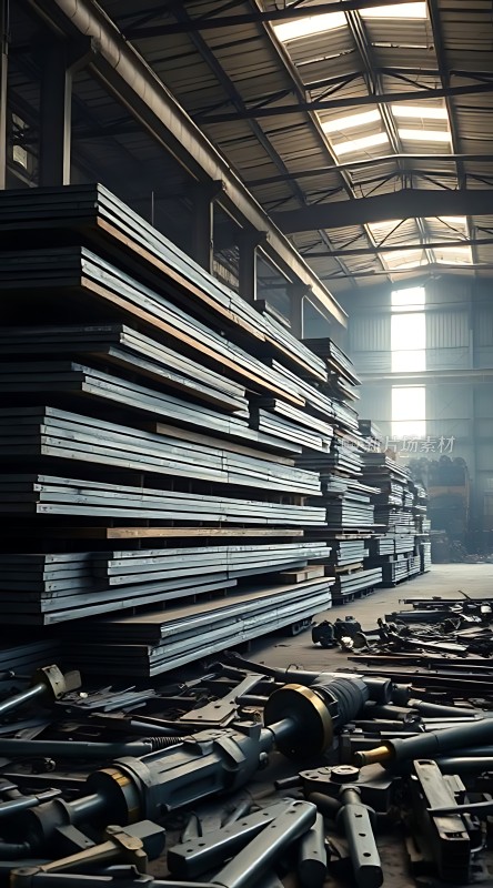 钢铁仓库整齐堆放的钢板和散落的机械零件