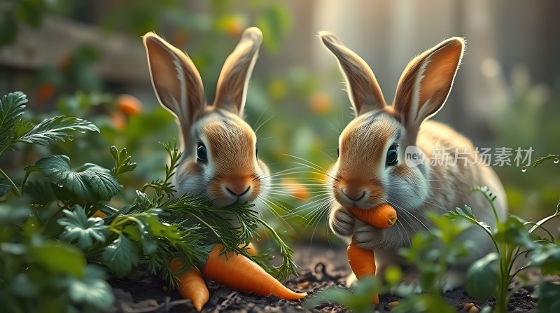 两只兔子在花园里吃胡萝卜