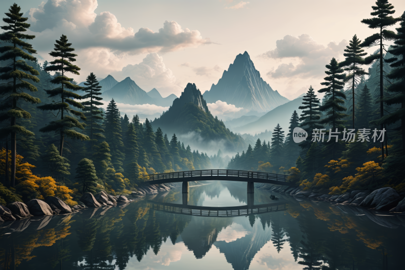 山上湖上桥的高清风景插画图片