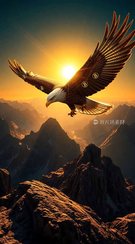 雄鹰翱翔山巅阳光下的自由飞翔
