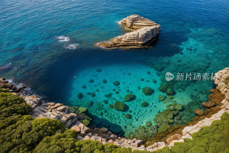 蓝色泻湖的鸟瞰图中间有岩层风景风光图片