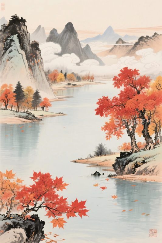 秋日山水红叶风景图