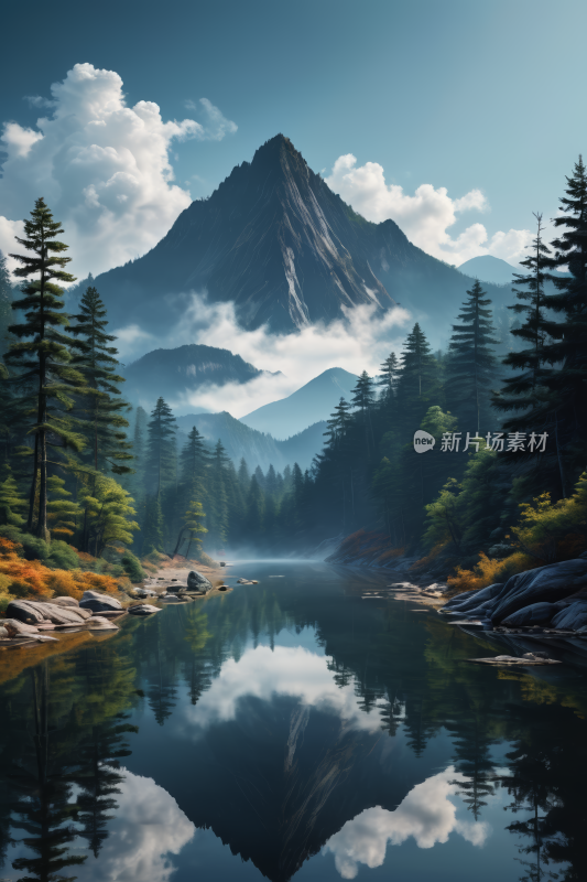 山和树倒映在前景的湖泊中高清风景插图片