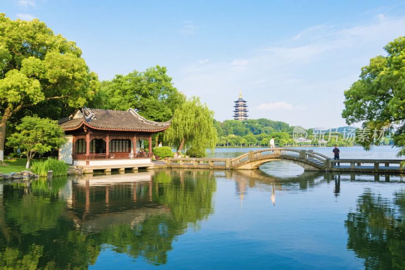 中式古典园林湖景