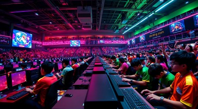电竞大赛现场选手们专注比赛观众热情高涨