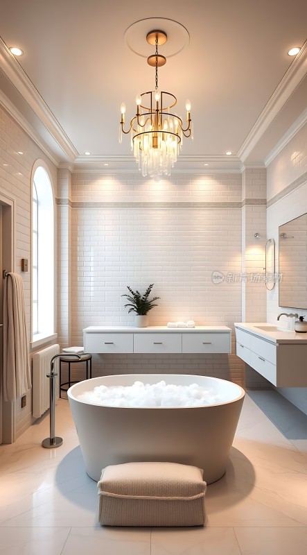 现代浴室设计白色浴缸、吊灯和洗手台