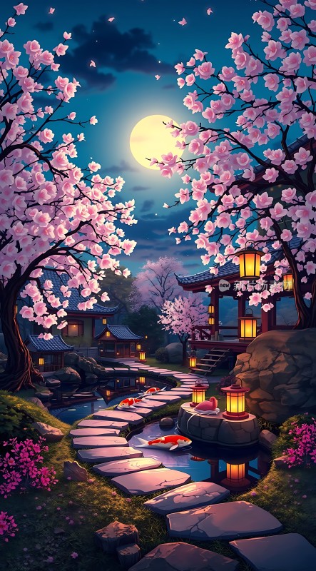 春夜月下樱花溪畔