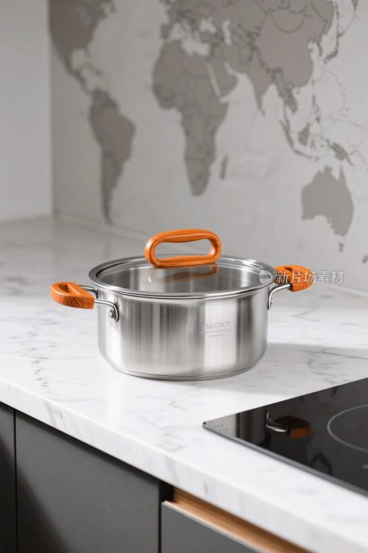 厨房不锈钢锅与地图背景