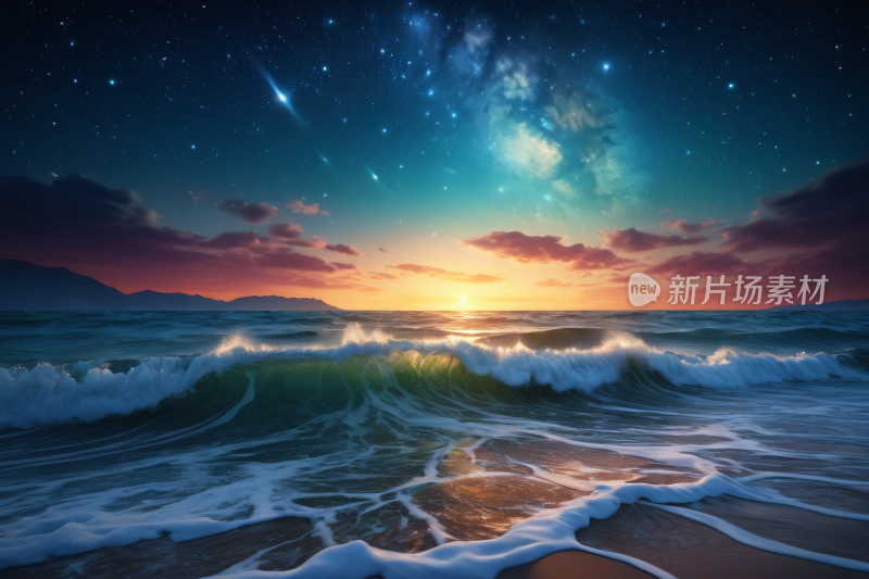 海洋上的星空有波浪和星星高清图片