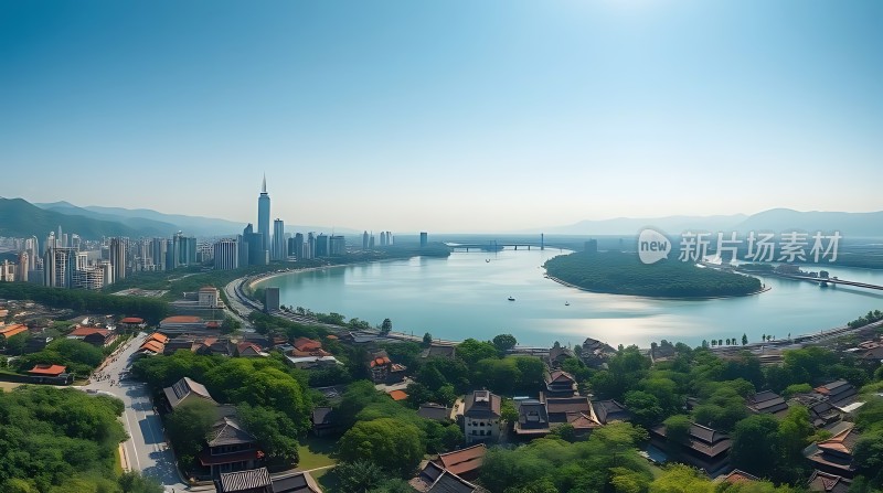 湖畔城市风光现代与自然和谐共存