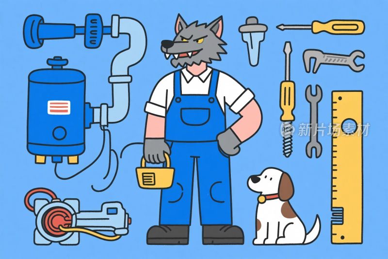 维修工人与工具宠物插画