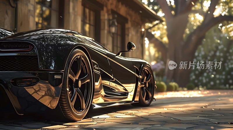 黑色跑车静候阳光下的奢华盛宴