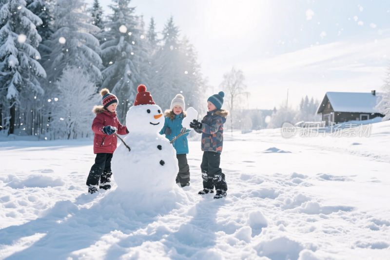 儿童雪地堆雪人场景