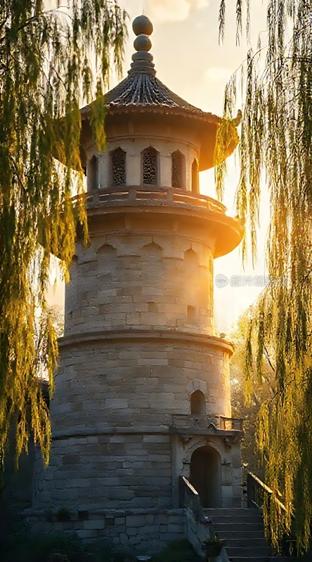 古塔柳影映斜阳