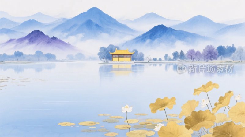 山水湖景古韵插画