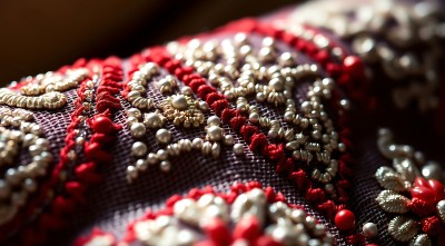 红色与银色珠绣细节之美 红色与银色珠绣细节之美