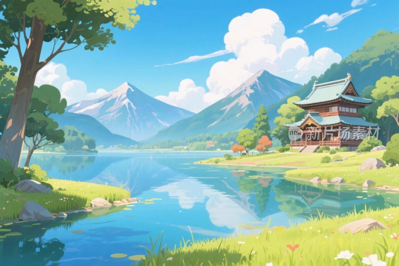 风景山水古建插画