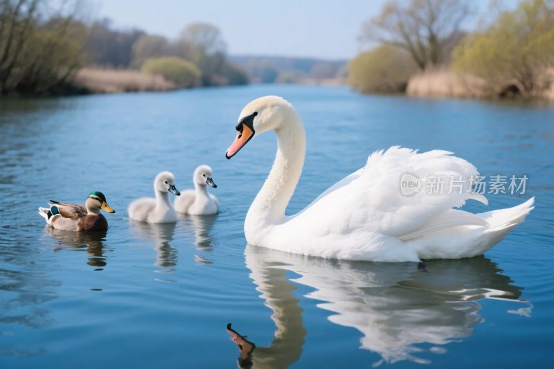 天鹅带领小鸭游湖