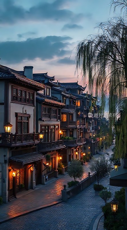 古街夜色灯火阑珊映水乡