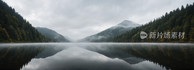 一个湖山水面有雾高清风景横幅图片