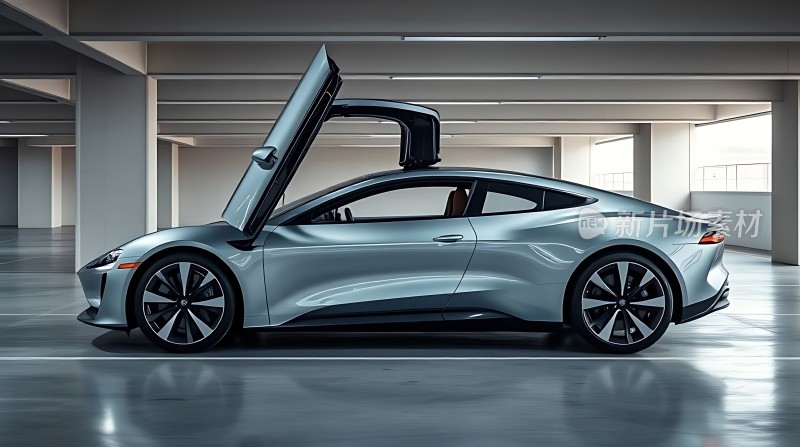 未来座驾科技感十足的银色跑车车门向上开启展现独特魅力