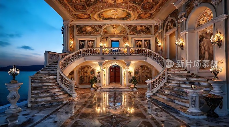 豪华宫殿大堂精美壁画与大理石楼梯