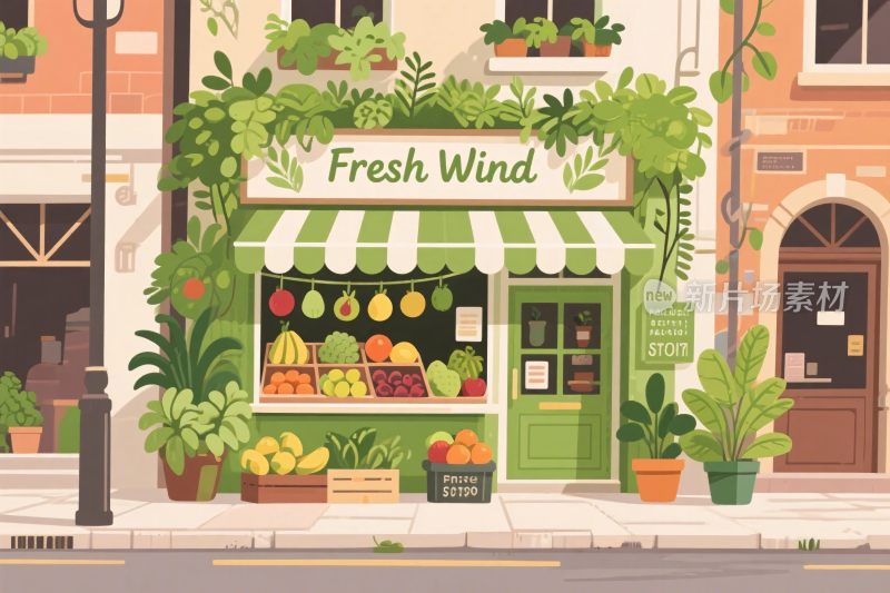 街边的清新果蔬店插画