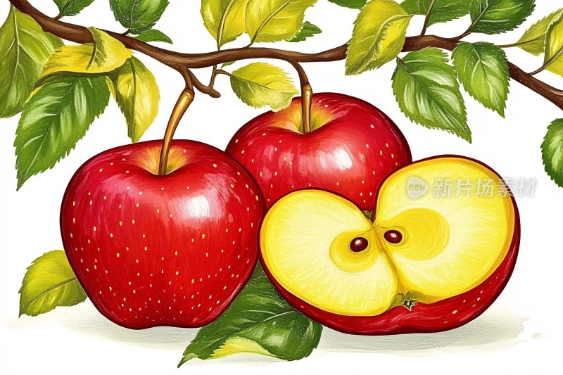 插画风格的红苹果与枝叶