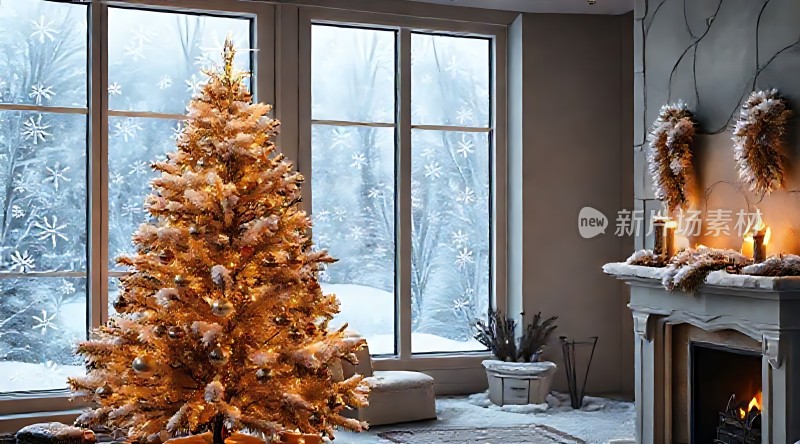 温馨圣诞树温暖壁炉雪景窗外节日气氛浓厚