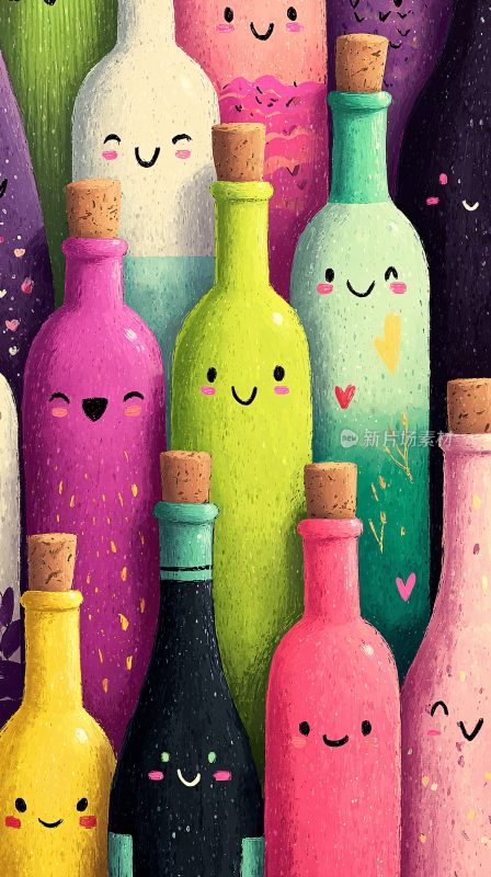 可爱彩色笑脸酒瓶插画