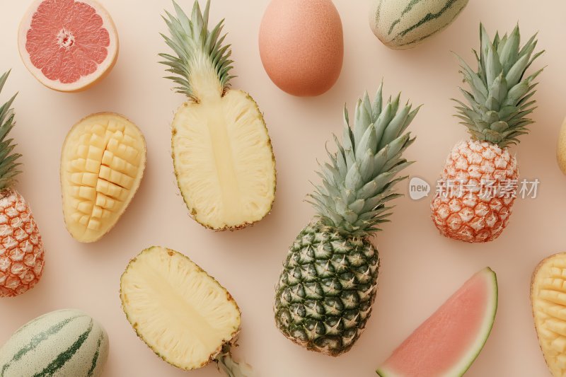 多彩水果与鸡蛋的静物画面