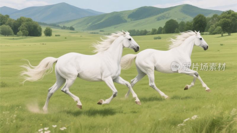 草原上两匹白马奔腾