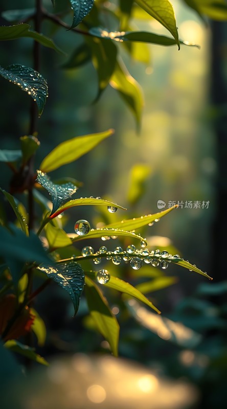 晨光中的露珠与绿叶