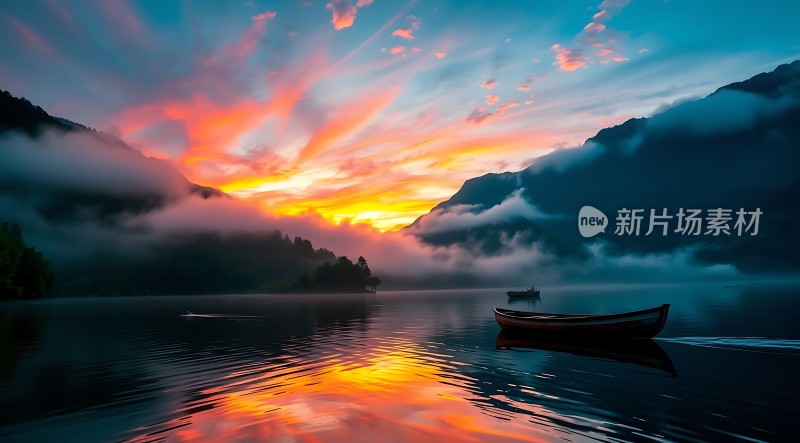 湖畔日落映山川