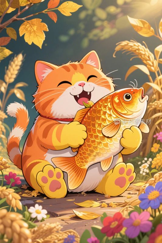 卡通猫咪抱金鱼插画