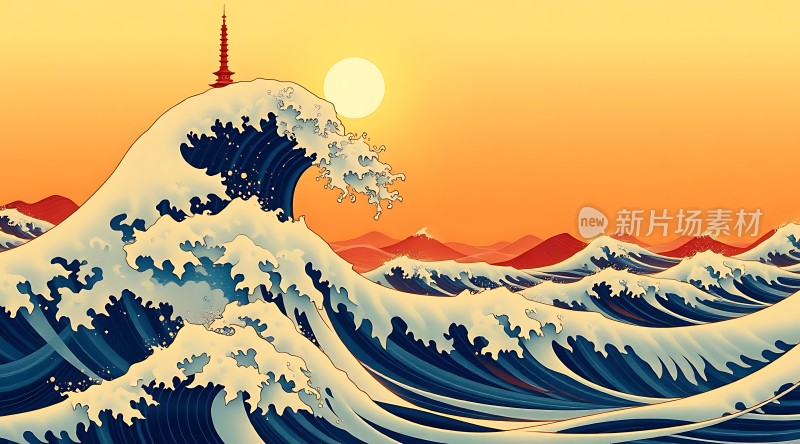 夕阳下的海浪与宝塔