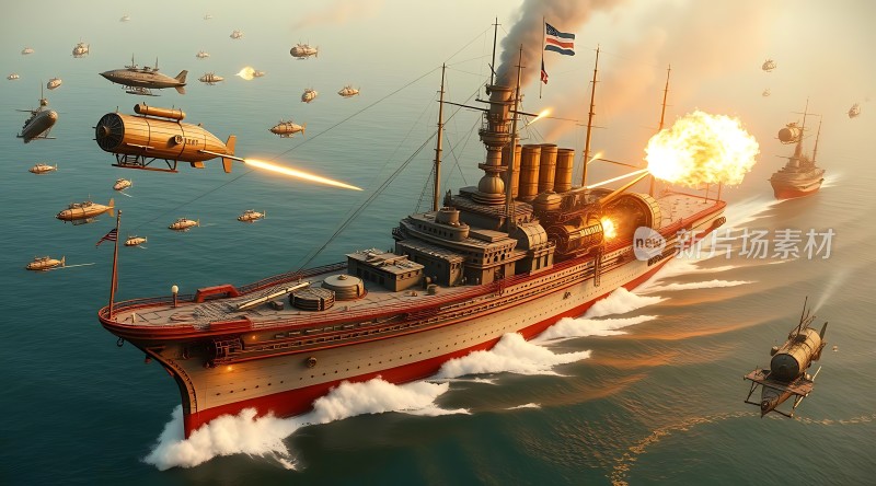 蒸汽朋克海战无畏舰与飞行艇激斗