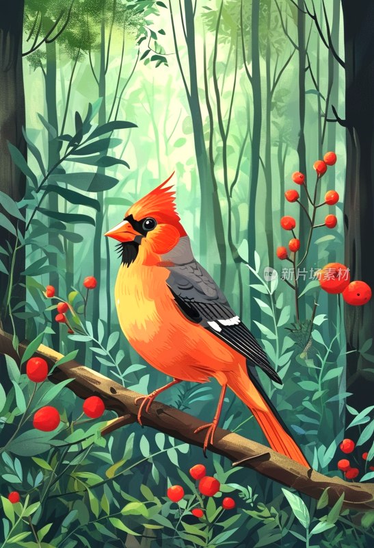 红腹雀栖息林间