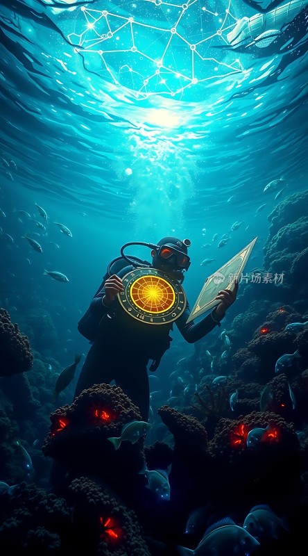 深海探险家手持指南针和地图探索未知世界