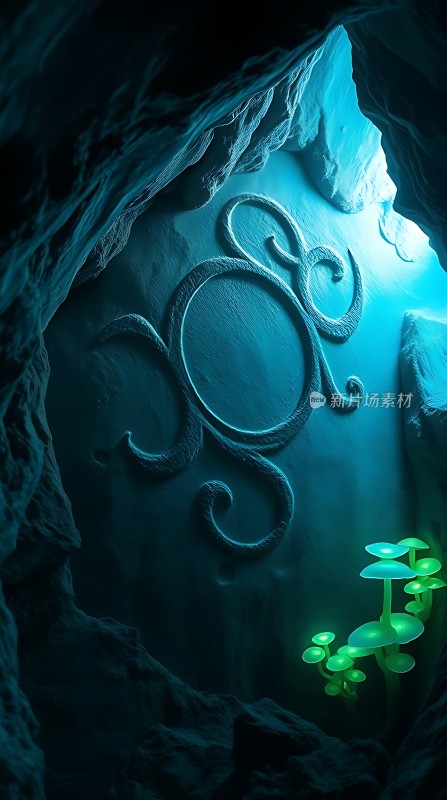 神秘洞穴中的发光植物与古老雕刻