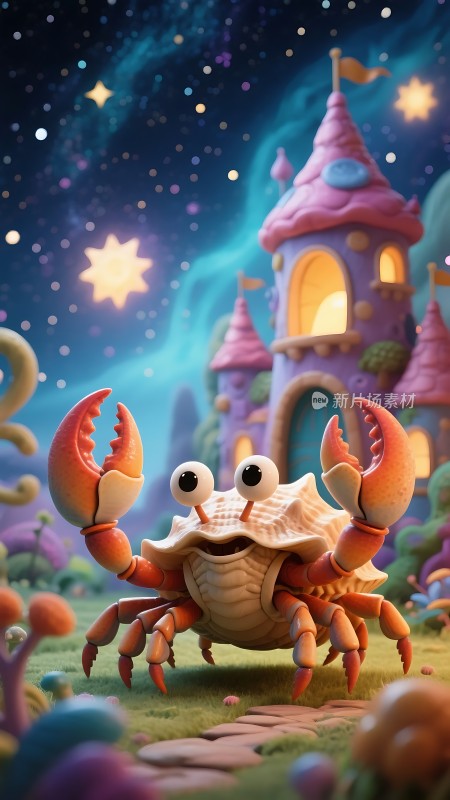 奇幻夜晚的海底城堡与可爱螃蟹
