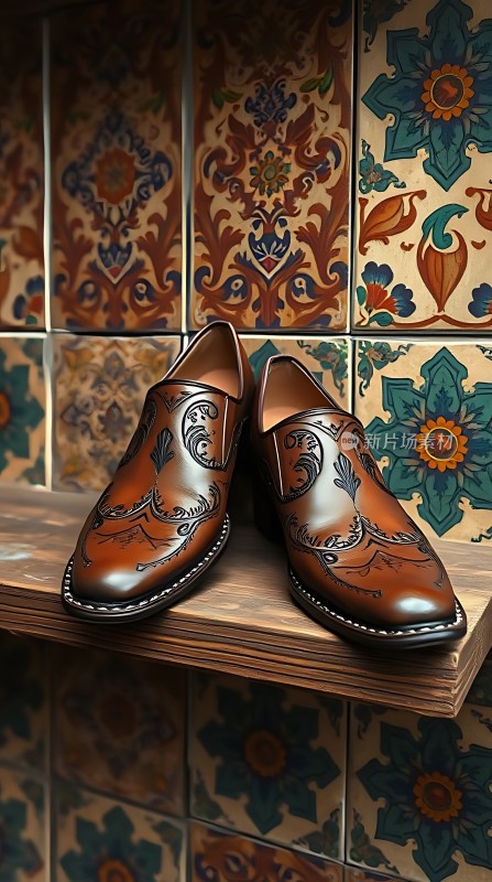 雕花皮鞋与多彩瓷砖背景的完美结合